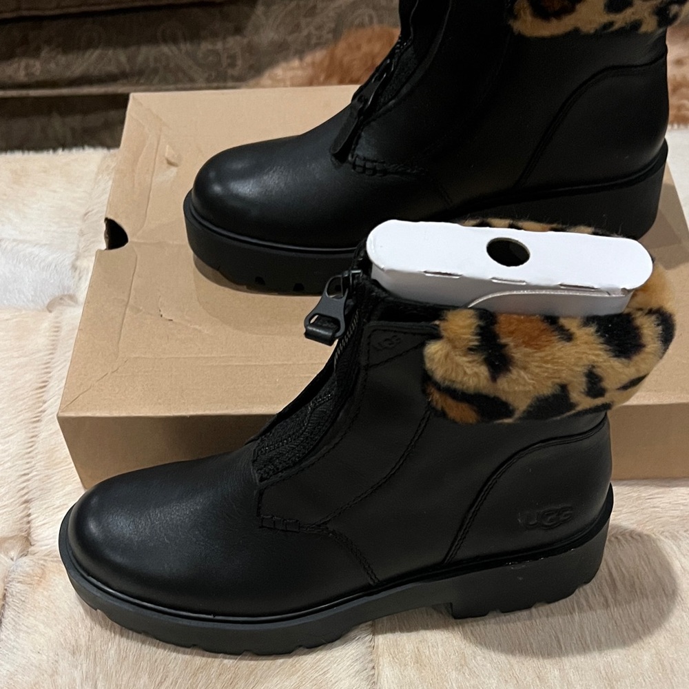 UGG Women's Black Boots with Leopard Print Accent